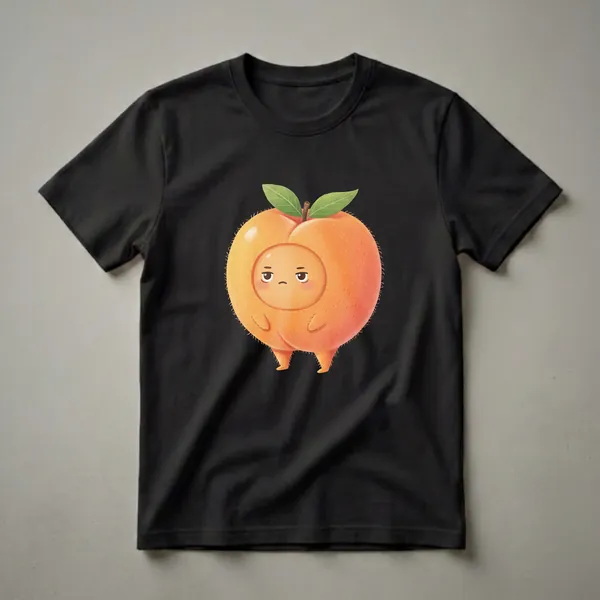 White t-shirt featuring a cartoon apricot character wearing an apricot costume with a grumpy expression, green leaves, and fuzzy texture.