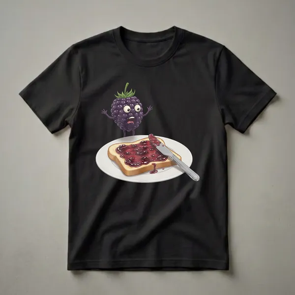 White graphic t-shirt featuring a cartoon blackberry character looking surprised next to a slice of toast covered in blackberry jam with a knife spreading more.