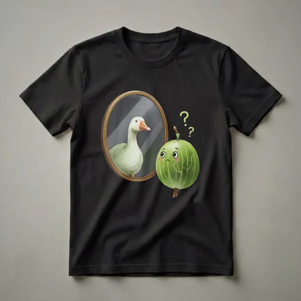 White t-shirt with a graphic design featuring a cartoon gooseberry looking into a mirror that reflects a white goose, with question marks above the gooseberry.