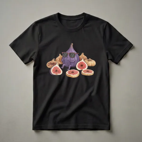A purple fig wearing red sunglasses sits casually surrounded by whole and sliced figs, rendered in a watercolor art style on a black background.