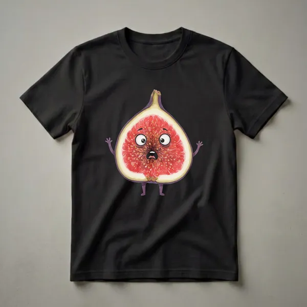 A watercolor graphic t-shirt featuring a halved fig character with a surprised expression, wide eyes, and small purple arms and legs.