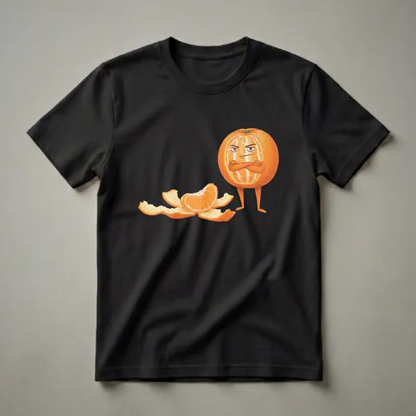 A graphic t-shirt featuring a cartoon clementine with a grumpy expression, arms crossed, with discarded peel and a segment nearby.