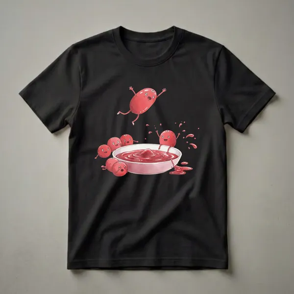 White t-shirt featuring a watercolor illustration of cartoon cranberries jumping into and splashing around a bowl of red cranberry jam.