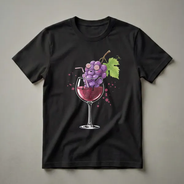 Black t-shirt featuring a cartoon bunch of purple grapes with swirly eyes sitting in a wine glass filled with red wine, holding a pink straw, with red wine splatters.