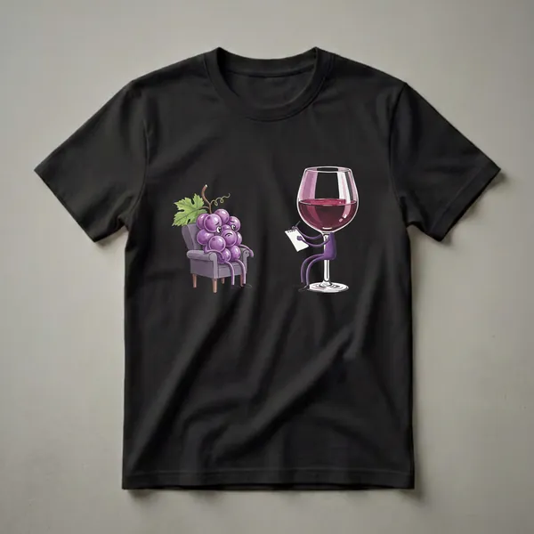 A funny graphic t-shirt design showing a bunch of purple grapes sitting on an armchair looking worried, while a wine glass character with arms and legs sits opposite them with a notepad and pen.
