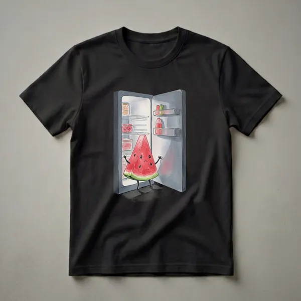A watercolor graphic t-shirt featuring a sad, anthropomorphic slice of watermelon with black arms and legs standing inside an open refrigerator, with jars and bottles on the shelves.