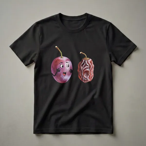 A funny t-shirt design featuring a surprised purple grape with cartoon eyes and mouth, looking at a shriveled brown raisin, against a black background.