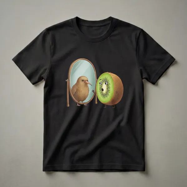 White graphic t-shirt featuring a cartoon kiwi fruit looking in a mirror and seeing a kiwi bird, with a surprised expression on both.