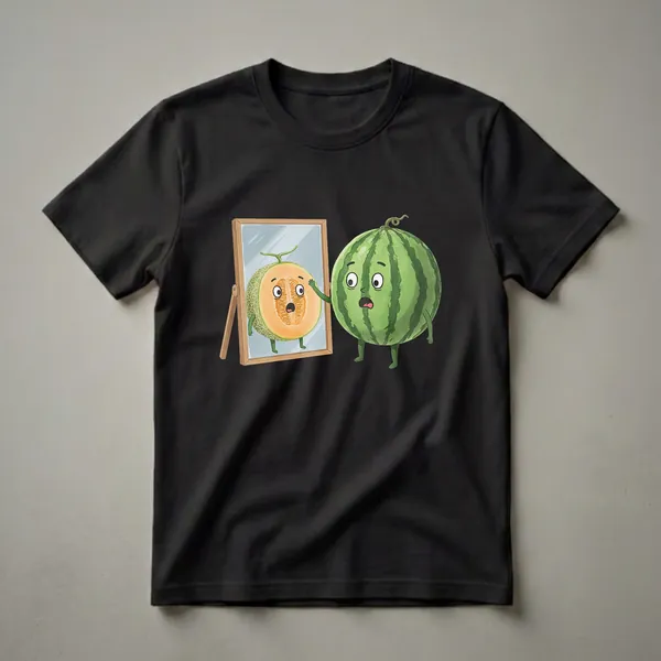 A graphic t-shirt featuring a watercolor illustration of a surprised watermelon and a halved cantaloupe looking into a mirror.