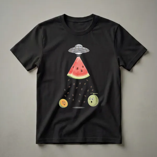 A graphic t-shirt design showing a UFO abducting a slice of watermelon, with two surprised cantaloupe and honeydew melons below, on a black background.