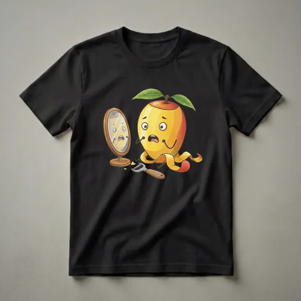 A yellow and red cartoon mango with a shocked expression is peeling its own skin in front of a wooden-framed mirror, with a peeler on the ground. The shirt is black.