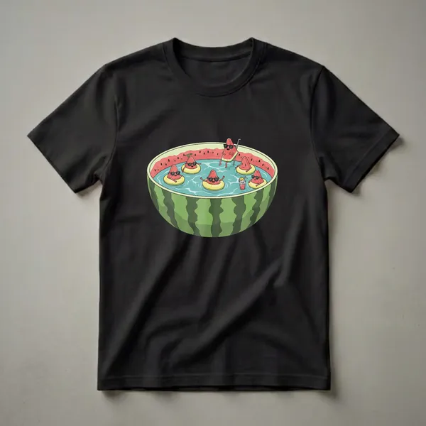 A graphic t-shirt design featuring cartoon watermelon slices wearing sunglasses and relaxing in a pool of water inside a large watermelon, with a drink nearby.