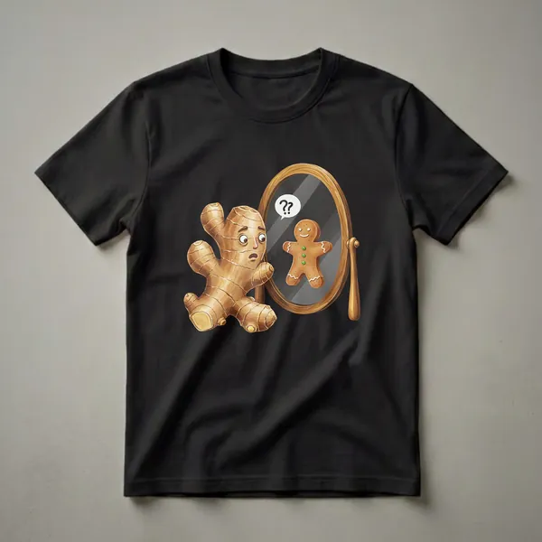 A watercolor graphic t-shirt design featuring a confused ginger root looking into a mirror at a smiling gingerbread man with green buttons and a white icing smile.