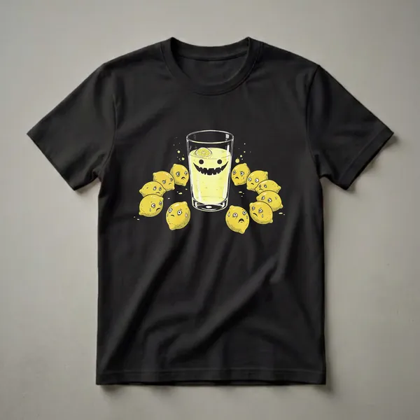 Black t-shirt featuring a glass of spooky lemonade with a jack-o'-lantern face, surrounded by a circle of frightened cartoon lemons.