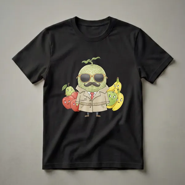 A graphic t-shirt featuring a cantaloupe dressed as a detective in a trench coat and sunglasses, surrounded by worried apples, a pear, and bananas.
