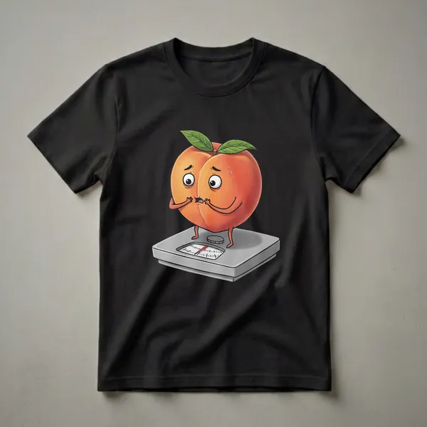 A white t-shirt featuring a cartoon peach with a worried expression standing on a grey bathroom scale, with green leaves on its stem.