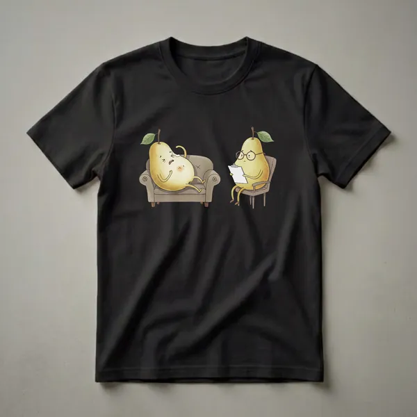 A graphic t-shirt featuring a funny watercolor illustration of two pears in a therapy session, one distressed on a couch and the other taking notes.