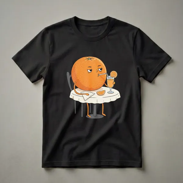 A graphic t-shirt featuring a cartoon orange character sitting at a table, drinking orange juice with a straw, with a slice of orange on the table and on the glass.