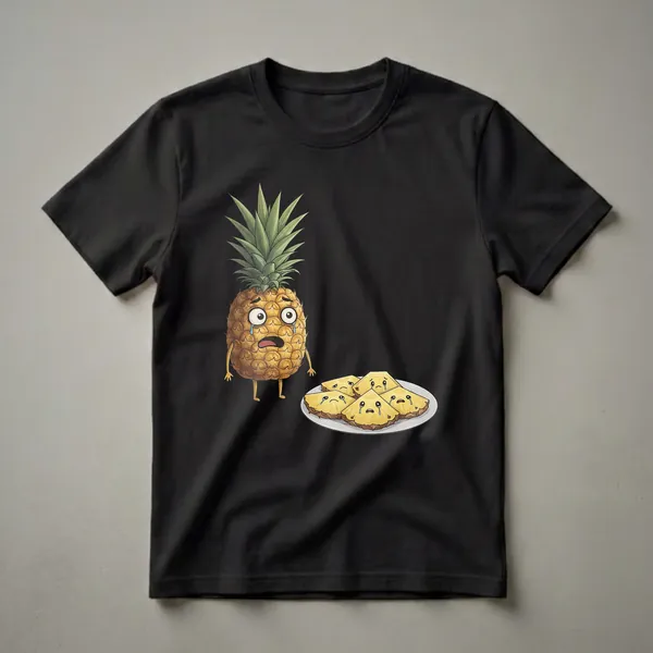 A graphic t-shirt featuring a sad cartoon pineapple standing next to a plate of crying pineapple slices, all with tearful expressions.