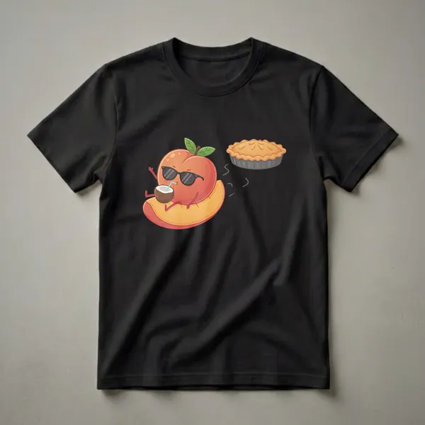 A graphic t-shirt featuring a cartoon peach wearing sunglasses and drinking from a coconut, relaxing on a peach slice next to a whole peach pie.