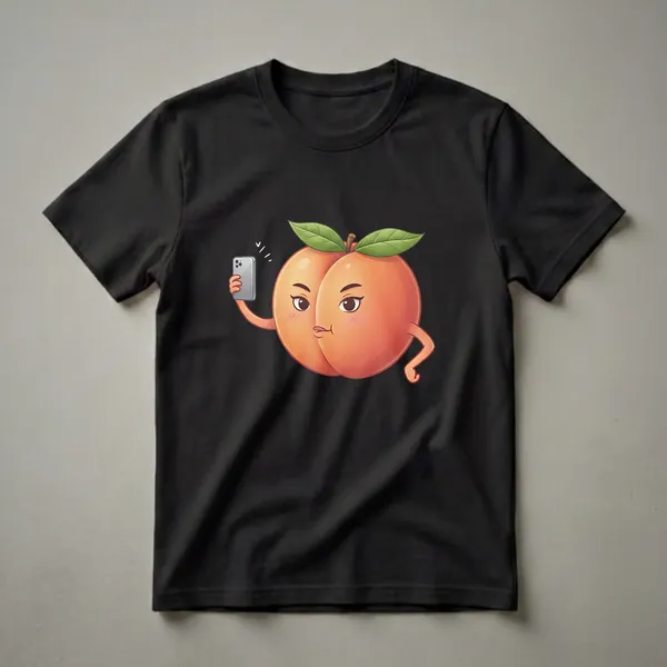 A graphic t-shirt featuring a cartoon peach taking a selfie with a smartphone, with two green leaves at the top.