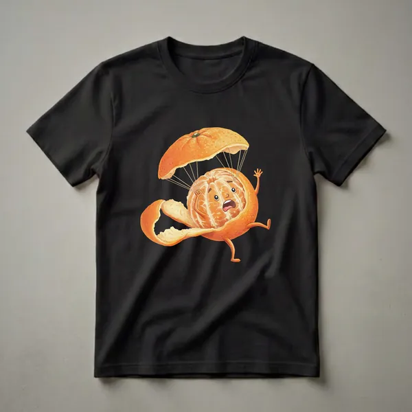 Black t-shirt featuring a cartoon orange segment with its peel as a parachute, falling with a surprised expression and waving arm.