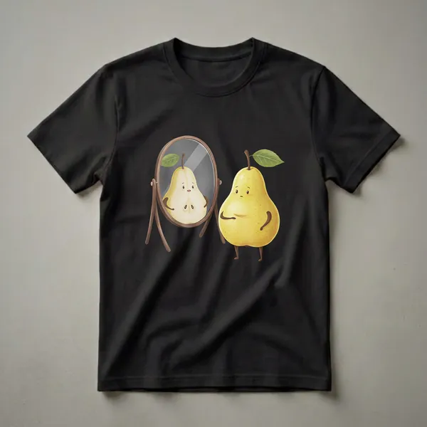 Yellow cartoon pear character with arms and legs looking into a mirror that reflects a sliced pear with seeds, on a black background.