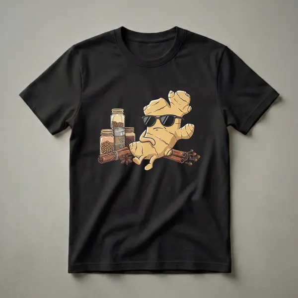 A cartoon ginger root wearing black sunglasses sits relaxed on cinnamon sticks, surrounded by jars of spices and star anise, on a black background.