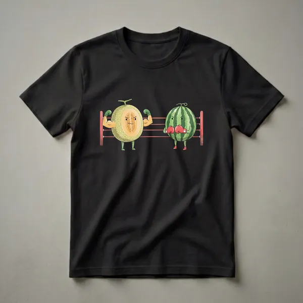 A graphic t-shirt featuring a watercolor illustration of a cantaloupe and a watermelon in boxing gear, facing each other in a boxing ring.