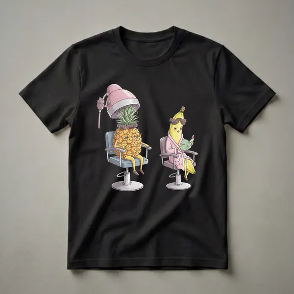 A graphic t-shirt featuring a cartoon pineapple with hair rollers under a salon dryer and a banana in a robe reading a magazine, both sitting in salon chairs.