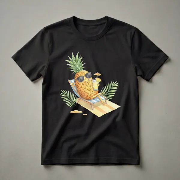 A graphic t-shirt featuring a watercolor illustration of a cartoon pineapple wearing sunglasses and relaxing on a beach chair with a tropical drink and palm leaves.