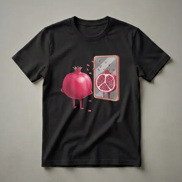 Black t-shirt featuring a humorous illustration of a whole pomegranate looking into a mirror, which reflects its halved interior filled with seeds. Scattered pomegranate seeds are also visible.