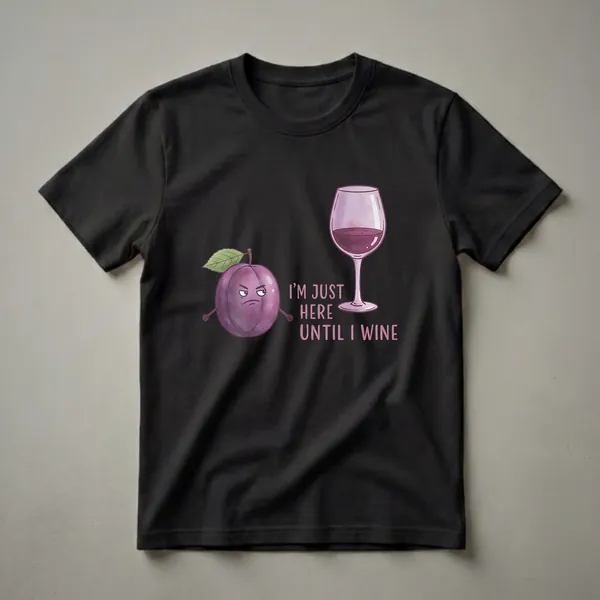 Black t-shirt with a cartoon plum character looking grumpy next to a glass of red wine and the text 'I'M JUST HERE UNTIL I WINE'.