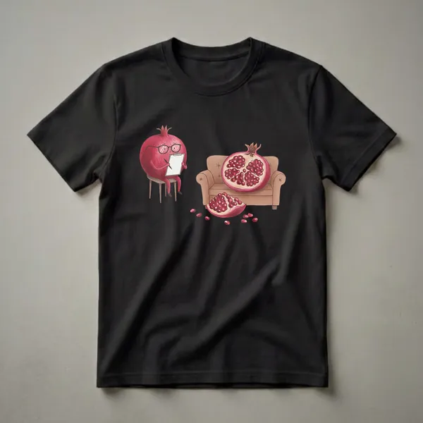 A graphic t-shirt featuring a cartoon pomegranate wearing glasses and holding a clipboard, sitting on a chair, with a halved pomegranate on a couch in the background.