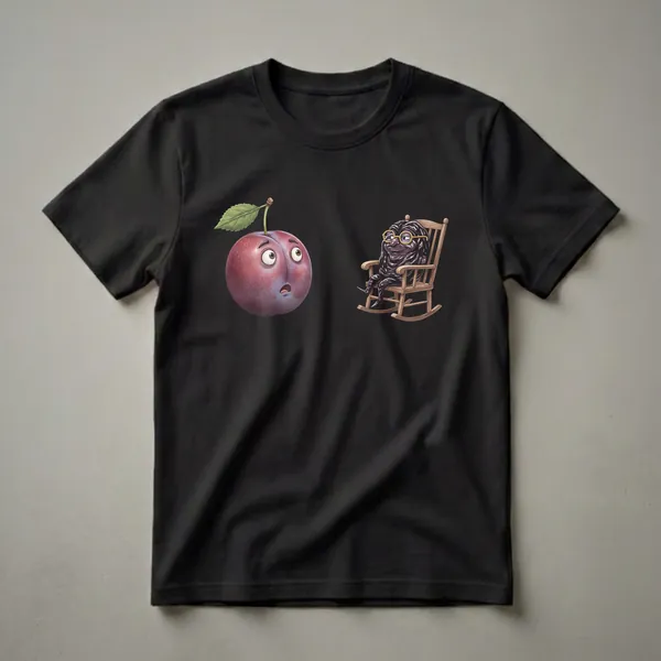 A graphic t-shirt design featuring a surprised plum with a leaf and a raisin character wearing glasses in a rocking chair, set against a black background.
