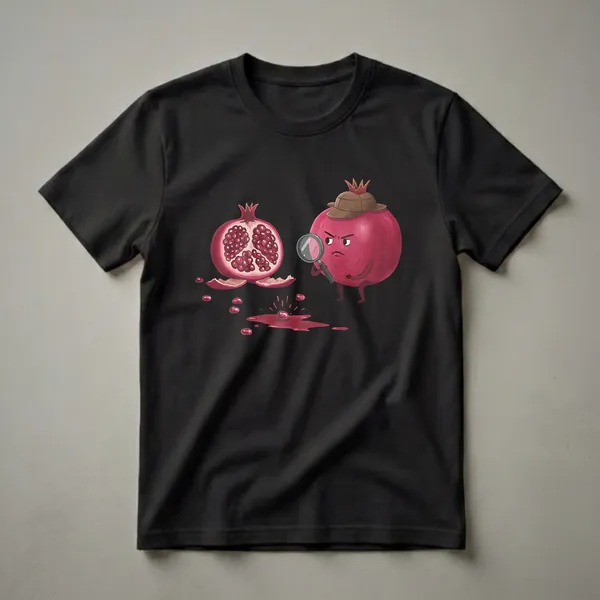 Black t-shirt featuring a cartoon pomegranate wearing a detective hat and holding a magnifying glass, examining spilled seeds and juice next to a cut pomegranate.