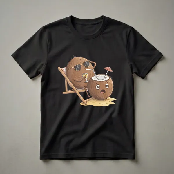 A graphic t-shirt featuring a humorous illustration of two coconuts on a beach; one is relaxing in a deck chair with sunglasses and a cocktail, while the other looks surprised.