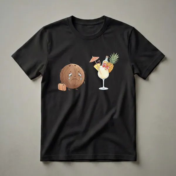 A graphic t-shirt featuring a watercolor illustration of a sad, crying coconut with a suitcase, looking at a tropical cocktail with pineapple, cherries, and an umbrella.