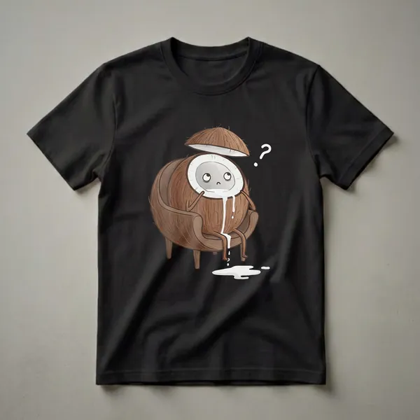 A white t-shirt featuring a cartoon illustration of a confused coconut sitting in a chair with its top off and milk spilling out, with a question mark above.
