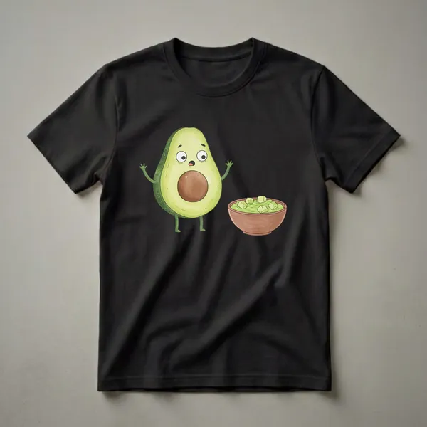A light green t-shirt features a cartoon illustration of a surprised avocado character standing next to a bowl of guacamole.