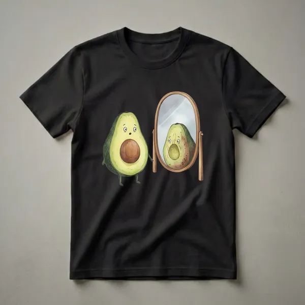 A green graphic t-shirt featuring a watercolor illustration of a halved avocado with a face looking into a mirror, reflecting a bruised avocado.