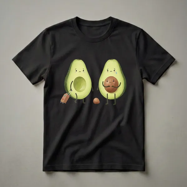 A graphic t-shirt featuring two cartoon avocados with sad expressions. One avocado pulls a small brown suitcase, while the other holds its pit and sheds a tear. A single pit lies on the black background between them.