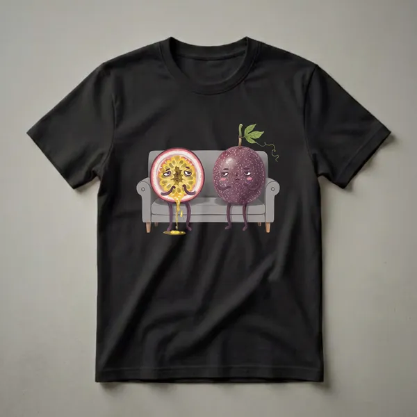 A graphic t-shirt featuring two anthropomorphic passionfruits with tired expressions sitting on a grey couch, with one passionfruit cut in half and dripping pulp, and a leafy vine extending from the other.