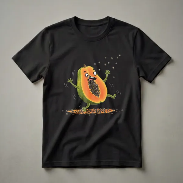 Black t-shirt featuring a cartoon papaya fruit character with a shocked expression, arms and legs, falling with its seeds scattering around it.