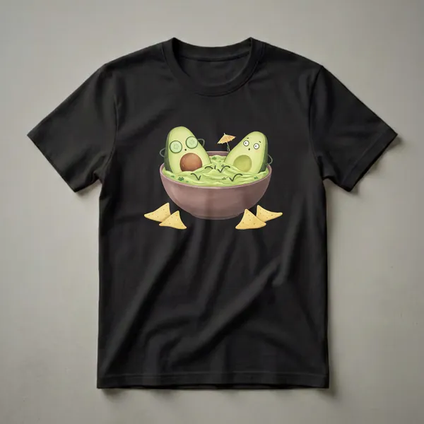 White graphic t-shirt featuring a watercolor illustration of two cartoon avocados relaxing in a bowl of guacamole, with cucumber slices on one's eyes and a tiny umbrella, surrounded by tortilla chips.