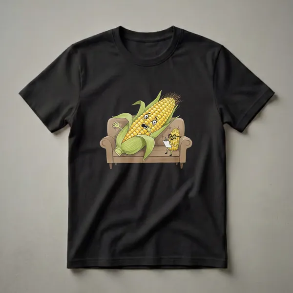Black t-shirt featuring a cartoon illustration of two corn cobs on a couch, one looking distressed while the other takes notes, representing a therapy session.