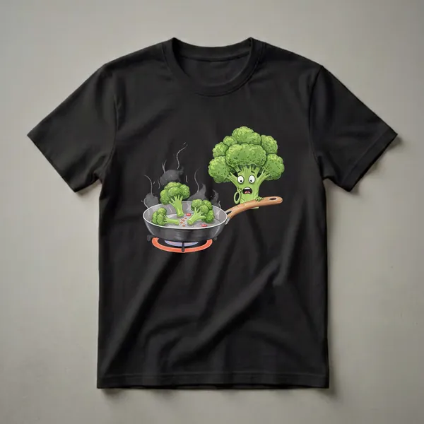 Black t-shirt with a cartoon graphic of a shocked broccoli character looking at broccoli florets cooking in a frying pan on a stovetop with steam.