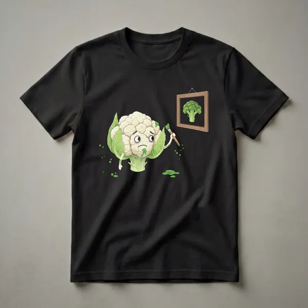 White cauliflower character with green leaves, holding a paintbrush and splattering green paint, with a framed portrait of broccoli hanging nearby, on a black background.