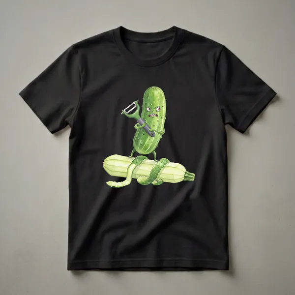 Green graphic t-shirt featuring a watercolor illustration of a grumpy cucumber holding a peeler and standing on a zucchini with its peel being removed.