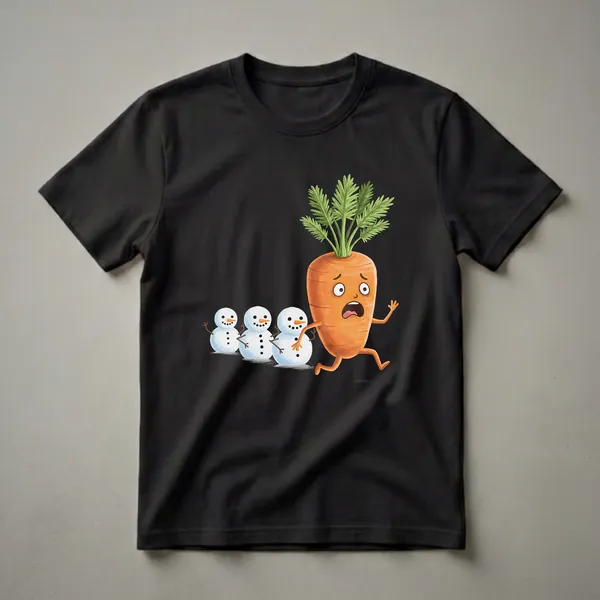 White Christmas t-shirt featuring a cartoon carrot with a scared face running away from three snowmen, with green leaves on top of the carrot.